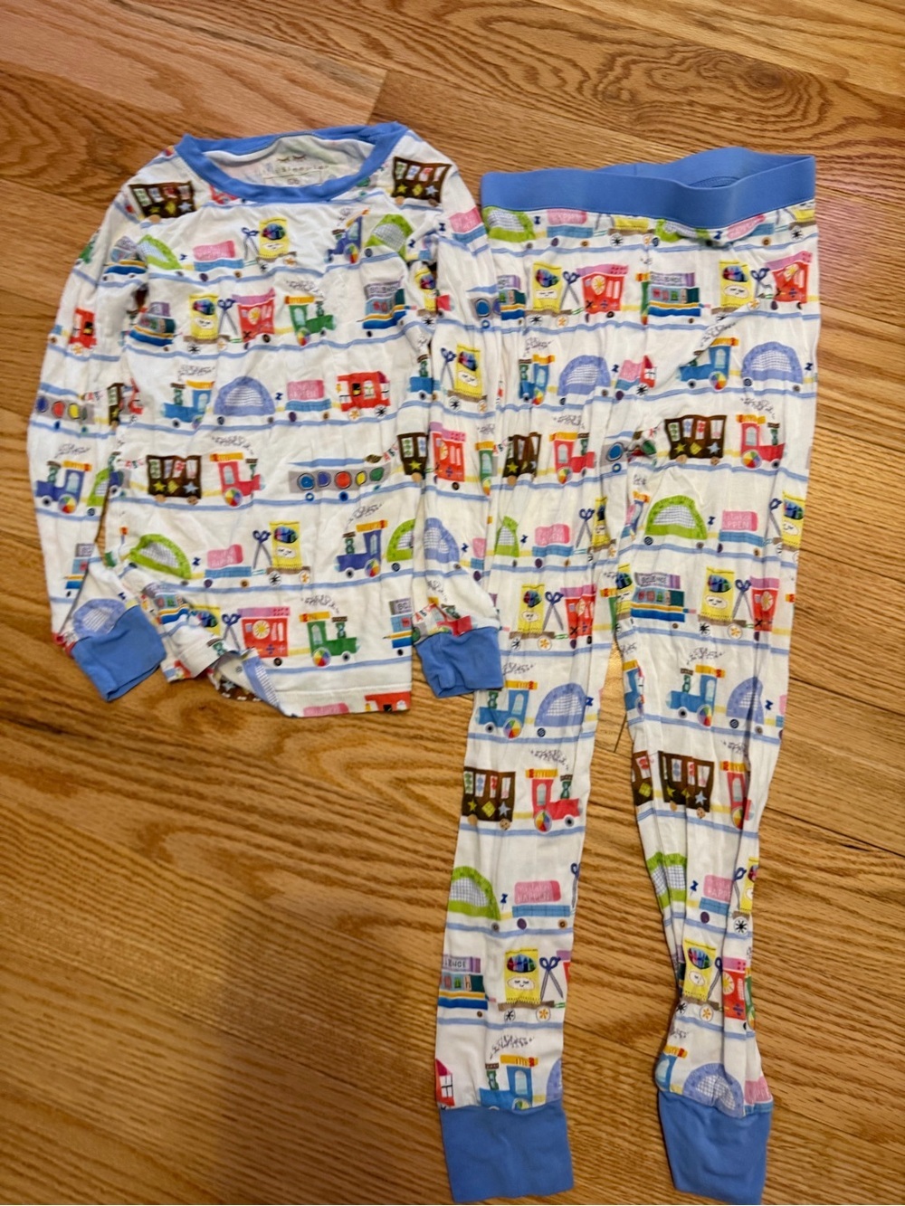 Little Sleepies White Train & Vehicle Pajama Set with Blue Trim